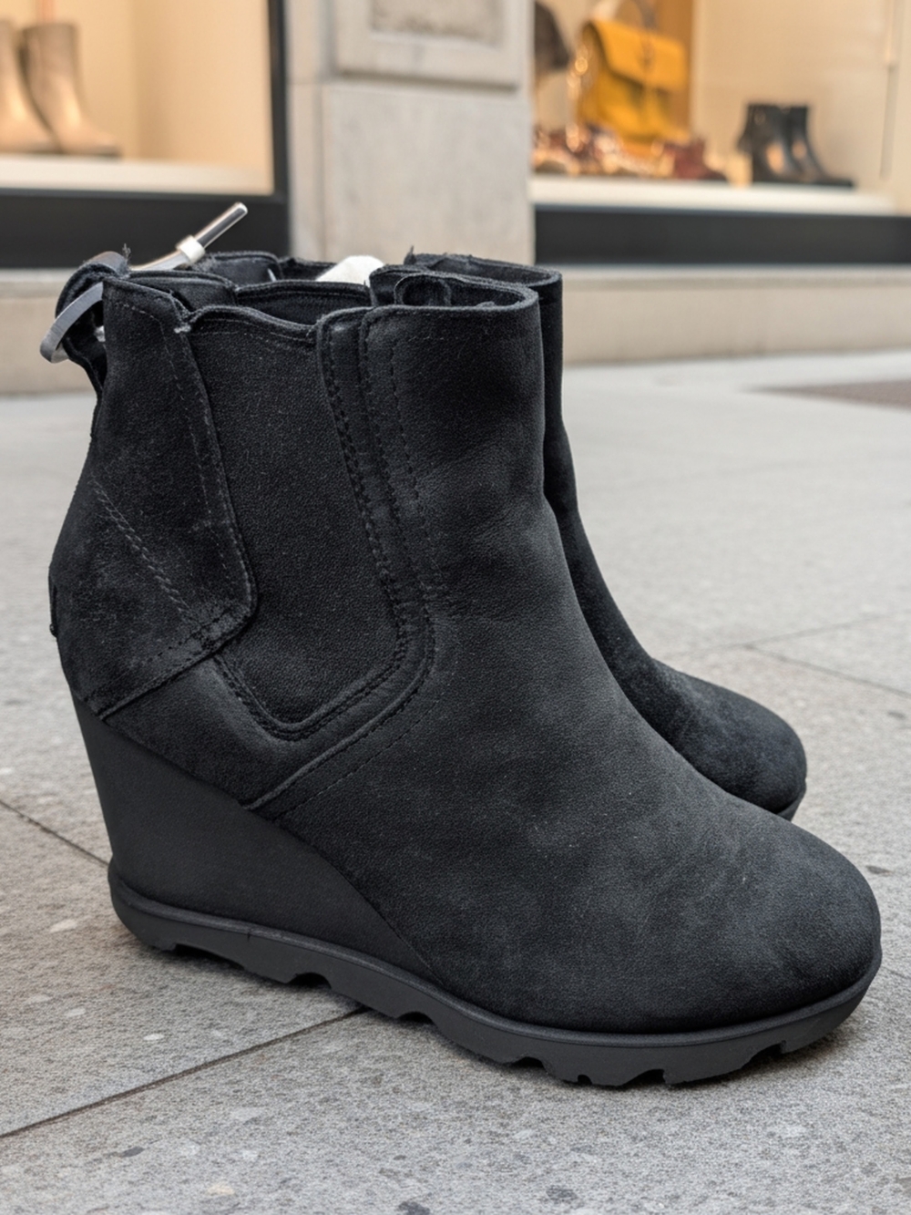 New Sorel Joan Uptown Black Suede Wedge Ankle Waterproof Chelsea Boots 8.5
